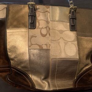 Coach brown/gold patchwork suede purse